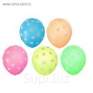 Шар латексный 12" "Сердечки" набор 12 шт, 5 ст, неон, цвета МИКС