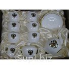 Подарочный чайный набор из  костяного фарфора 15предметов.; Артикул: ; Производитель стекла/хрусталя/фарфора: Китай; Цвет/Дизайн: белый / золото герб