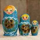 Матрёшка «Цветочек», бирюзовое платье, чёрно-золотой цветок, 3 кукольная, 10 см