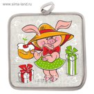 Прихватка полулён "Чудесный день Хрюшки" 18х18 см,160 г/м2,50% лён,50% хлопок, шелкография