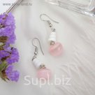 Серьги "Кошачий глаз" груша, цвет бело-розовый