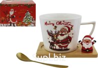 Santa mug with a deer, 280ml, with a spoon on a stand, 9x12x0.8cm, porcelain, in a gift box