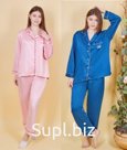 Комплект пижамный женский атлас (брюки и рубашка) однотонный Арт 394100