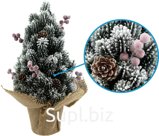 Decorative spruce "Tenderness" snow-covered, with berries and cones in a pot. Size: 16x16x31 cm.
