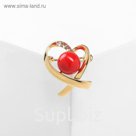 Брошь "Сердце" с бусиной, цвет красный в золоте