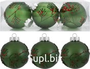 3 Christmas tree balls, 8cm in diameter, with branches. Color: green.