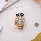 Брошь "Совушка" цвет бело-изумрудный в золоте