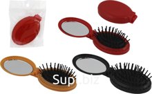 Folding oval hairbrush with mirror, 85x55mm, plastic