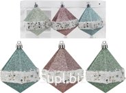 Christmas tree decorations 3 pcs. 7.1 x 7.1 x 8.9 cm. Diamonds. Color: turquoise/pink/mint.