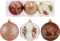 Christmas tree balls, 3 pcs, 8 cm in diameter. Holiday colors: orange-red/champagne/milky.