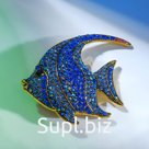 Брошь "Рыбка" морская, цвет синий в чернёном золоте