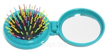 Folding round hair comb with mirror, 65x65mm, plastic