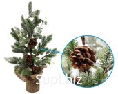 Decorative winter spruce, snow-covered, with cones and leaves. Size: 23x23x50 cm.