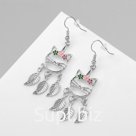 Серьги с эмалью «Кошка» с листьями, цветные в серебре